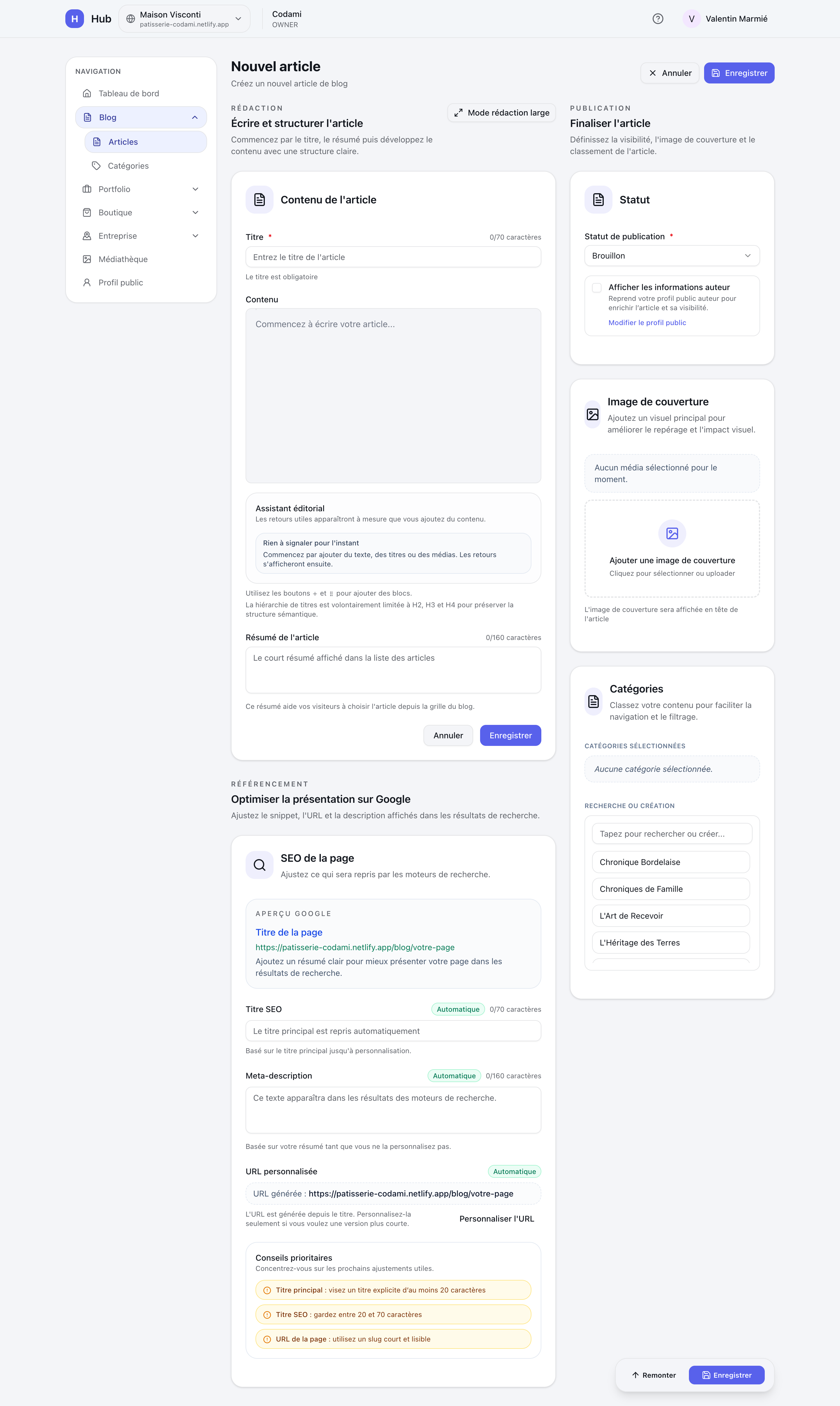 Éditeur d'article Hub avec assistant éditorial SEO, aperçu Google et gestion des catégories