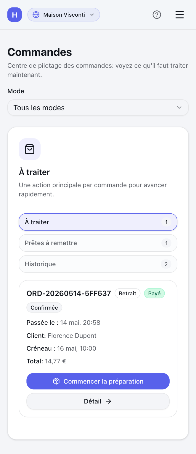 Gestion des commandes Hub — vue À traiter avec statuts Payé et Confirmée