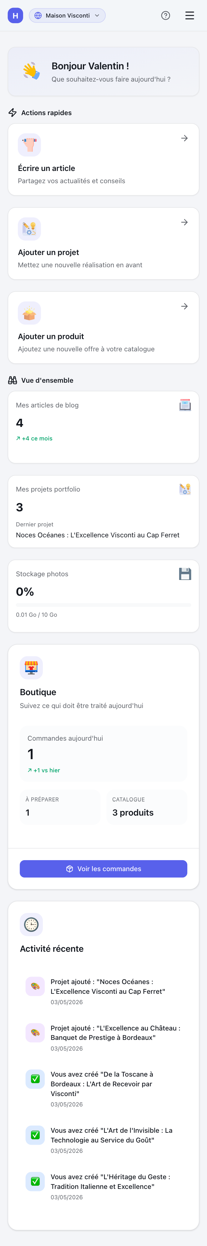 Tableau de bord Hub — vue d'ensemble du site avec blog, portfolio, boutique et activité récente